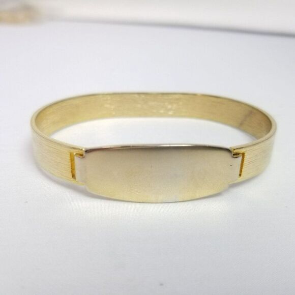 Vintage Gold Tone Bangle Bracelet with Blank ID Panel Front, Front Clasp, Estate - Picture 1 of 5
